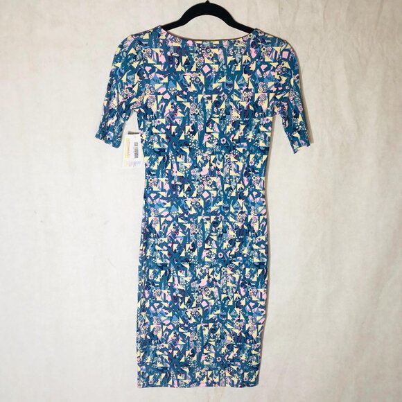 LuLaRoe Julia dress short sleeve geometric blue & pink size xxs new READ - Picture 2 of 12